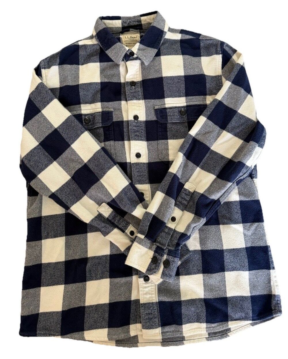 LL Bean Flannel Shirt Mens M Slightly Fitted Blue White Plaid Organic Cotton